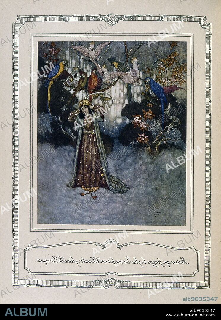 Illustration from "Le chariot de Terre cuite". From "Sleeping Beauty and Other Fairy Tales", with preface by Edmond Peton and illustrated by Edmund Dulac (1882-1953), a French British naturalised magazine and book illustrator.