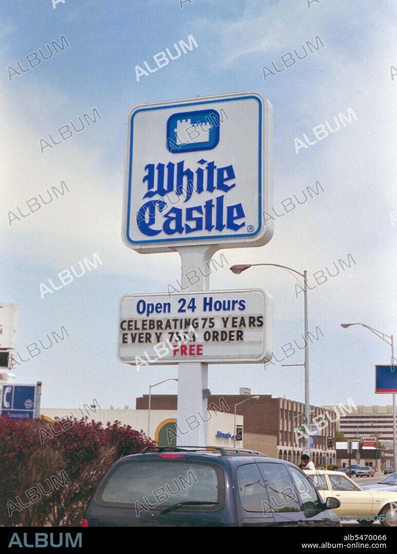 White Castle restaurant sign in Chicago south suburbs, sign celebrates their 75th anniversary circa 1996.