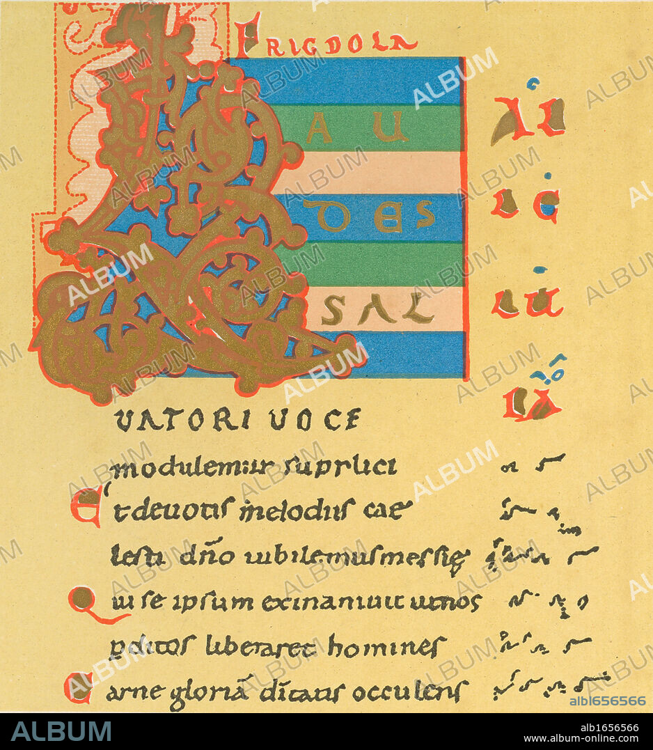 Musical notation. First page of Notker's Easter Sequence, 'Laudes Salvatori' showing Neums notation for Gregorian chant, a system of writing music which was superseded by Staff notation. Notker (c840-912) Benedictine monk, poet and musician at the Abbey of St Gall, Switzerland. 10th century manuscript.