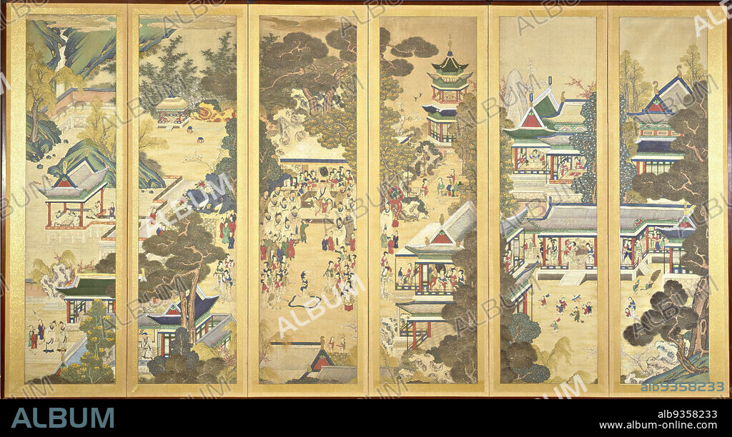 The Pleasant Life of Guo Fenyang, Ink and color on silk, Korea, 19th century, Joseon dynasty, 79 1/2 x 142 1/2 in., 201.9 x 362.0 cm, 19th Century, 19thC, Asian Art, Choson, Color, court style, decorative, Garden, General, ink, Joseon, Korea, Korean, painting, screen, silk.