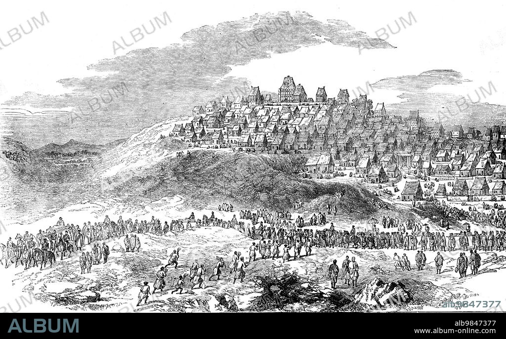 JOSIAH WOOD WHYMPER. Sketches from Madagascar - Antananarivo, the Capital of Madagascar; with the Procession of the Prince and Princess Royal passing along the Eastern Side of the Capital, 1858. '...on the highest part of the hill...stands the palace, the largest and loftiest building in the place...the walls are surrounded by double verandahs one above the other; the roof is steep, with attic windows at three different elevations...The procession occupied full half a mile...There were fourteen palanquins, ornamented with variously-coloured drapery. In one of these a beautiful youth, the son of the Prince Ramboasalama, attracted my attention...Then came the officers of the palace, in palanquins or on foot; and after these the Prince's band of nineteen musicians, including five clarinets, five flutes and fifes, one bassoon, four bugles, a bass, a smaller drum, and a triangle...Then came the Prince's palanquin, with three or four officers walking on each side with drawn, swords. Next to the Prince came the Princess, her palanquin covered with scarlet cloth, ornamented with gold lace, and bordered with rich gold fringe...By the side of the princess a man carried a large umbrella of pink silk...immediately behind her palanquin a dozen or more female slaves followed'. From "Illustrated London News", 1858.