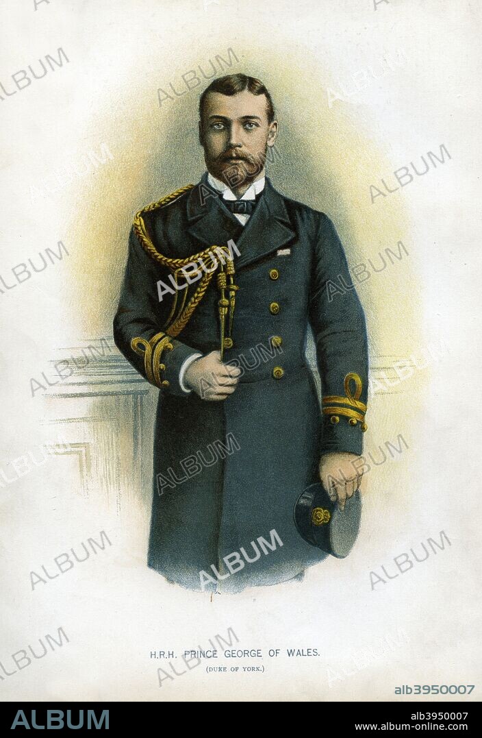 Prince George of Wales, Duke of York, c1890-c1893. The future King George V (1865-1936) served actively in the Royal Navy from 1877 until 1891. His naval career was then effectively ended when his elder brother, Prince Albert Victor, died, leaving George second in line to the throne after his father. A print from Her Majesty's Navy Including its Deeds and Battles, by Lieut Chas Rathbone Low, Volume II, JS Virtue & Co, London, 1890-1893.