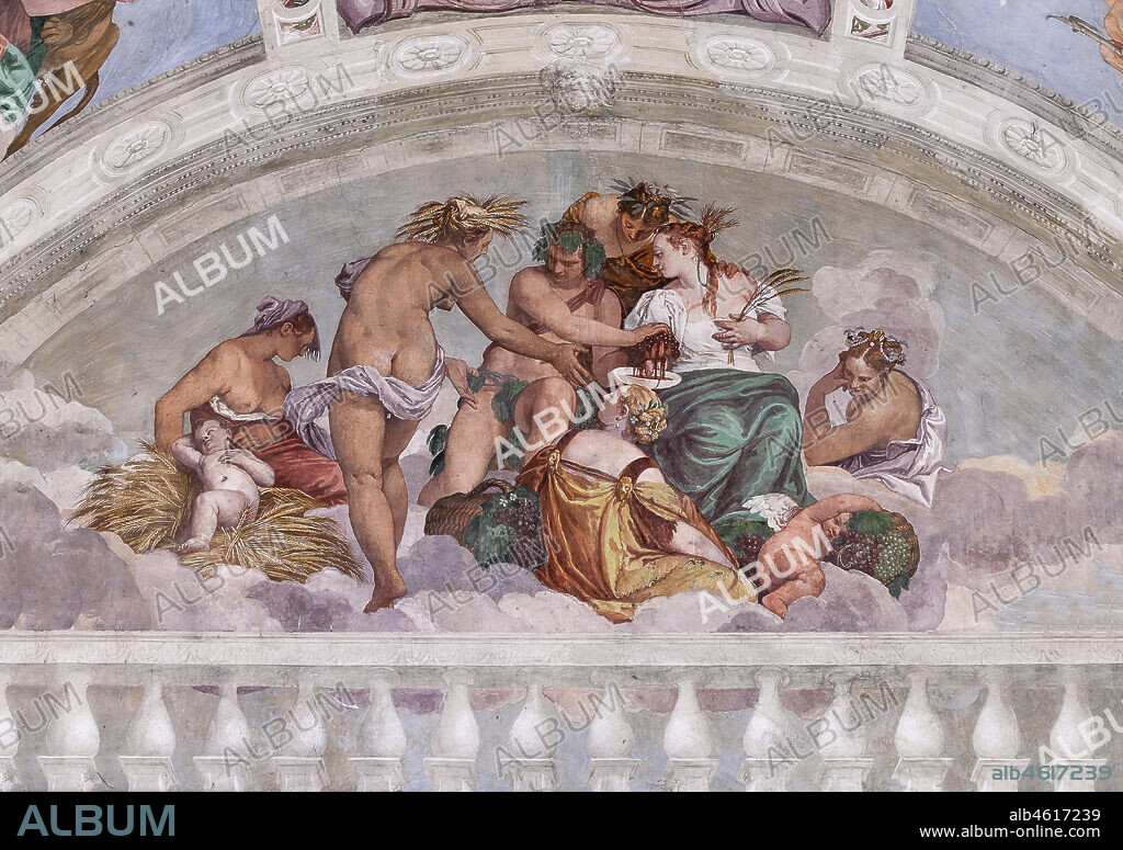 Maser, Villa Barbaro, the Hall of Olympus, Northern Wall, lunette above the Door to the Garden: allegories of Summer and Autumn (Bacchus and Ceres). Frescoes by Paolo Caliari, known as il Veronese, 1560 - 1561.