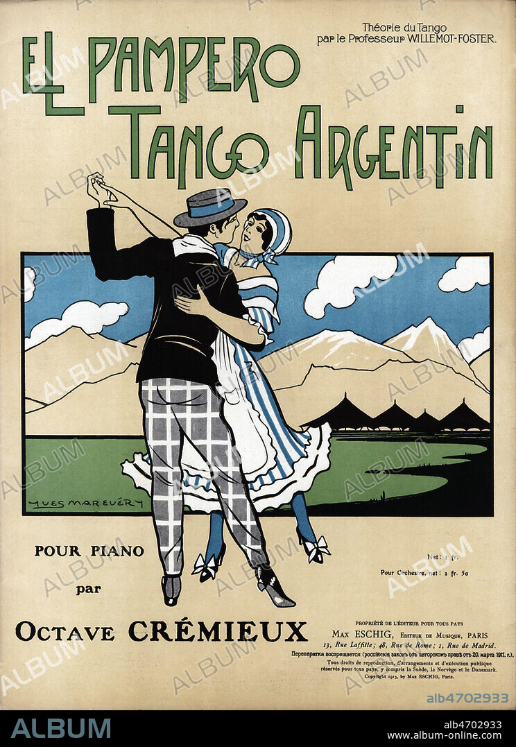 El Pampero Tango argentin. Musique de Octave CREMIEUX. Illustration de Yves MAREVERY pour une couverture de partition musicale de 1913. Credit : Collection IM/Kharbine-Tapabor.