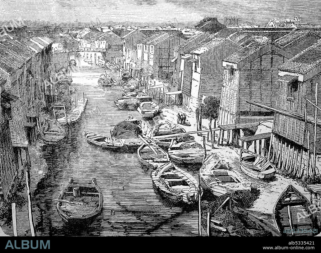 Japan in the late Middle Ages, boats and dwellings on the canal to Jedo, the former name of the Japanese capital Tokyo, illustration from 1870  /  Japan im späten Mittelalter, Boote und Wohnhäuser am Kanal zu Jedo, der frühere Name der japanischen Hauptstadt Tokio, Illustration aus 1870, Historisch, historical, digital improved reproduction of an original from the 19th century / digitale Reproduktion einer Originalvorlage aus dem 19. Jahrhundert,.