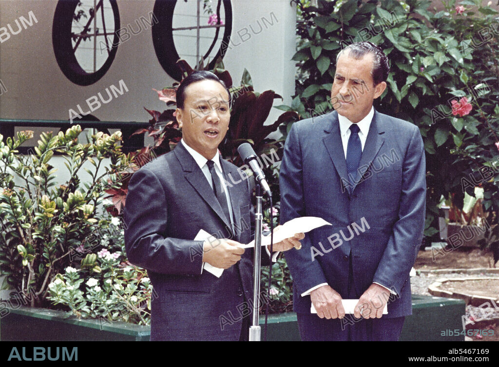 President Richard Nixon and South Vietnam's President Nguyen Van Thieu Making a Joint Statement at Midway Island 6 8 1969.