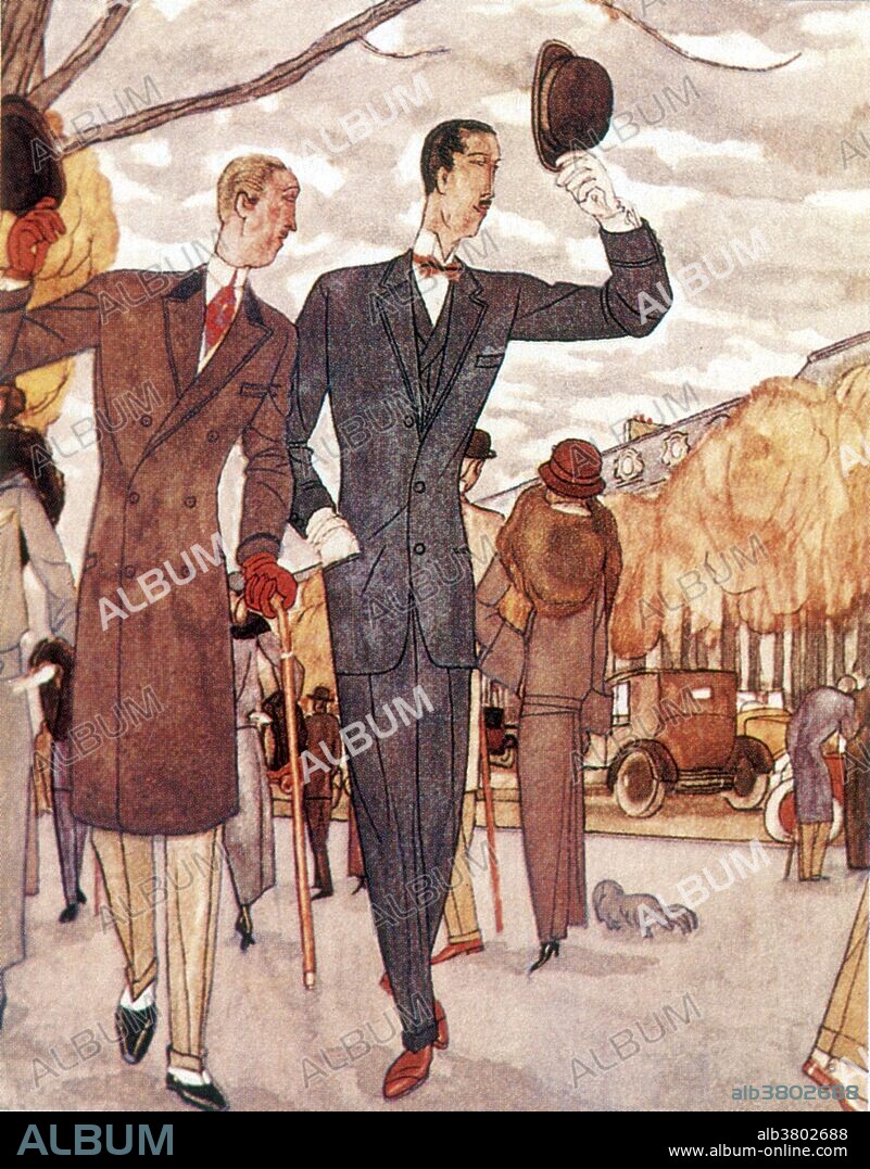 Entitled: "Man's suit and overcoat by Lus and Befve. Gazette du Bon Genre. Fashion plate by Pierre Mourgue, 1922." La Gazette du Bon Ton was a small but influential fashion magazine published in France from 1912 to 1925. The short-lived publication reflected the latest developments in fashion, lifestyle and beauty during a period of revolutionary change in art and society. The magazine, published on fine paper, signed exclusive contracts with seven of Paris' top couture houses to reproduce in luscious pochoir the designers' latest creations. Fashion is a distinctive and often habitual trend in the style in which a person dresses. It is the prevailing styles in behavior and the newest creations of textile designers. Prior to the mid-19th century, most clothing was custom-made. It was handmade for individuals, either as home production or on order from dressmakers and tailors. By the beginning of the 20th century, with the rise of new technologies such as the sewing machine, the development of the factory system of production, and the emergence of department stores, clothing had increasingly come to be mass-produced in standard sizes and sold at fixed prices.