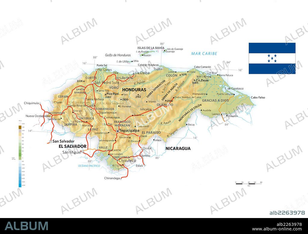 HONDURAS. Mapa físico y político de Honduras.