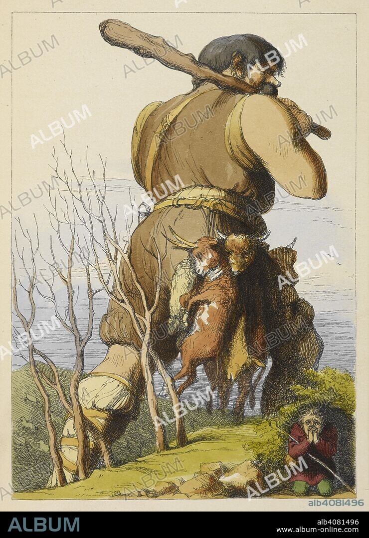 RICHARD DOYLE and ANON. A giant of Cornwall, who steals the cattle of farmers. Colour illustration in a children's book. The Story of Jack and the Giants, illustrated with thirty-five drawings by R. Doyle. London, 1851. Source: 12430.g.8 opposite page 10.