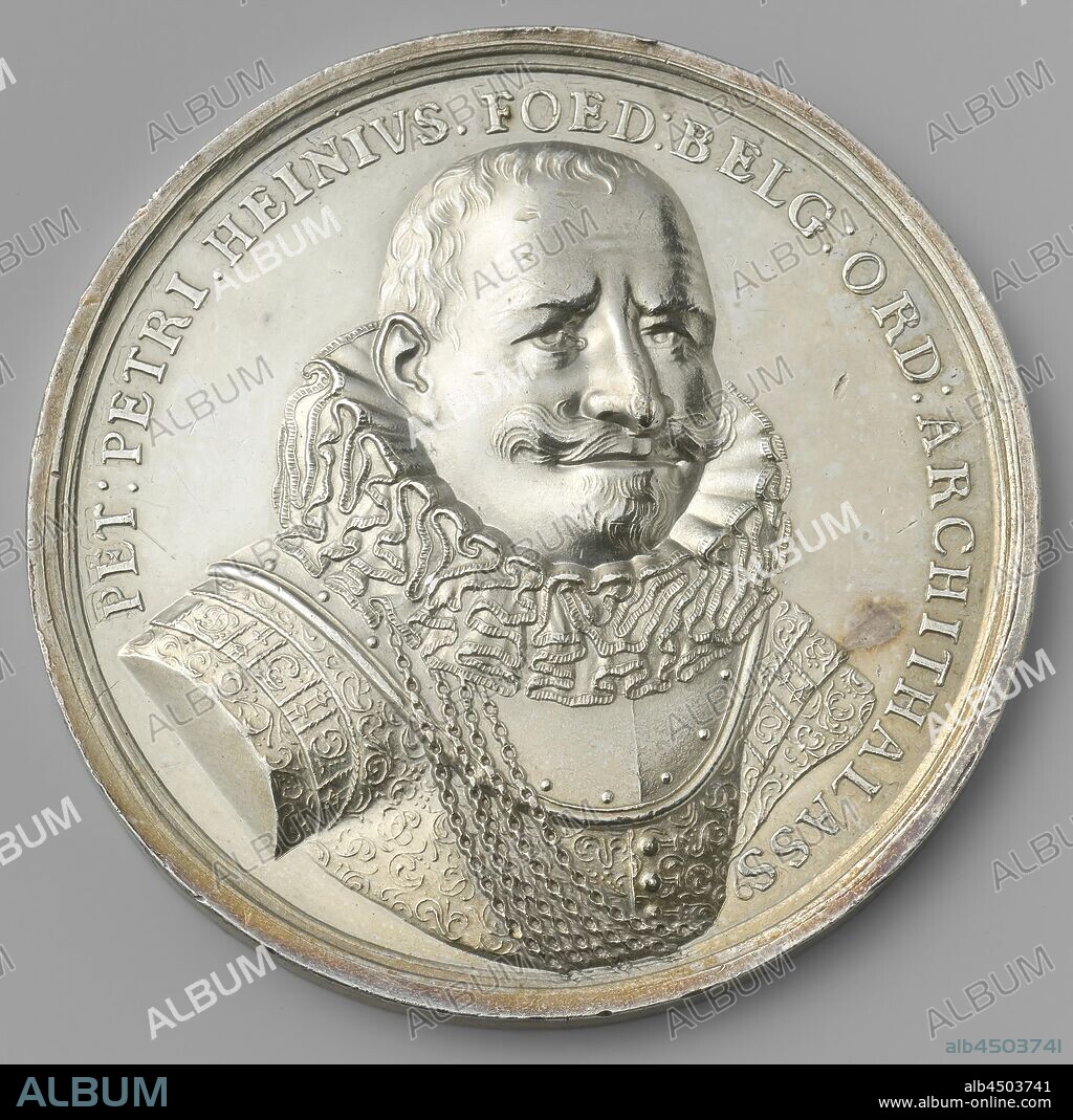 Piet Hein, Penning conquered the silver fleet of the conquest of the silver fleet by Piet Hein. Front: man's bust inside the inside. Reverse: naval battle within the circumference., Bay of Matanzas, Cuba, Pieter Pietersz. Heyn, anonymous, Netherlands, 1650 - 1700, silver (metal), striking (metalworking), d 6 cm × w 89.40 gr.