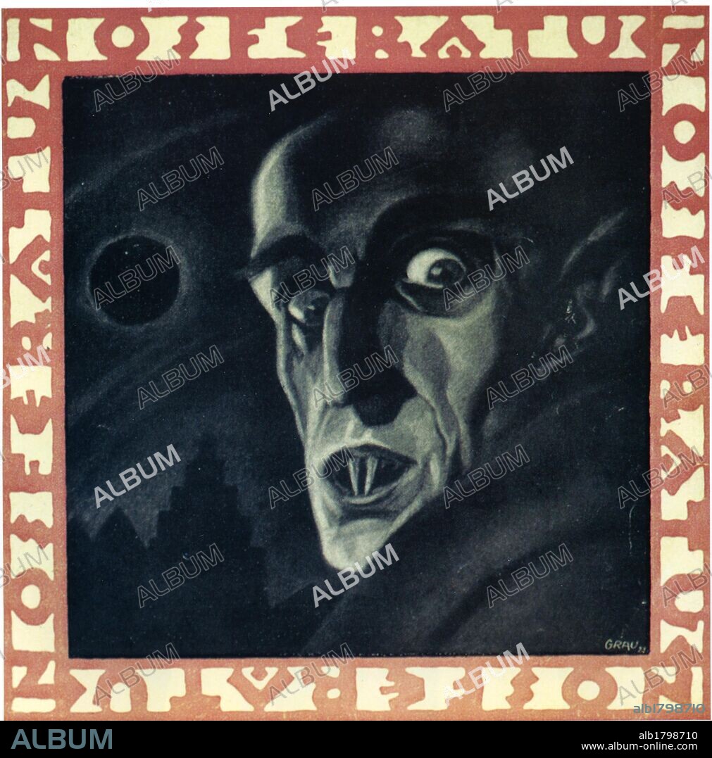 Plakat zu DIE ZWÖLFTE STUNDE - EINE NACHT DES GRAUENS, 1922 (NOSFERATU, EINE SYMPHONIE DES GRAUENS), unter der Regie von F. W. MURNAU. Copyright PRANA-FILM GMBH, BERLIN.