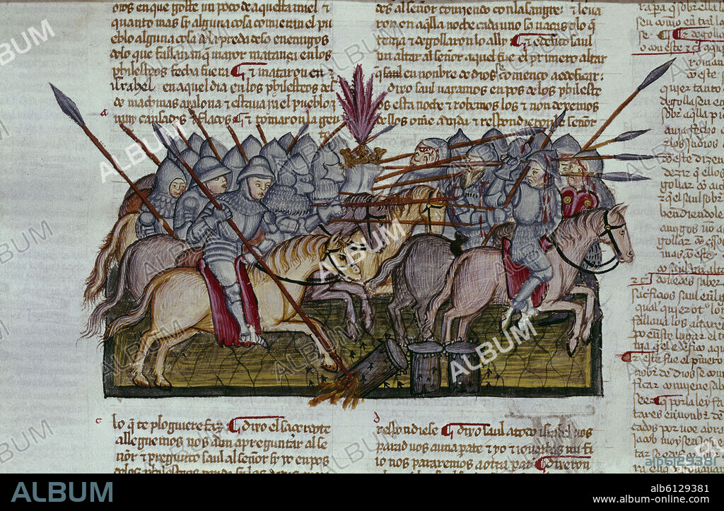 MINIATURA DE LA BIBLIA DE ALBA - DETALLE DEL ENFRENTAMIENTO DE DOS GRUPOS DE SOLDADOS (ISRAELITAS Y FILISTEOS) - SIGLO XV.