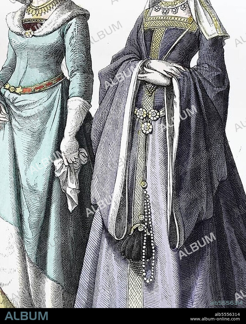 Folk traditional costume, clothing, history of costumes, German noble ladies, 1400-1450, Germany, historical, digitally restored reproduction of a 19th century original