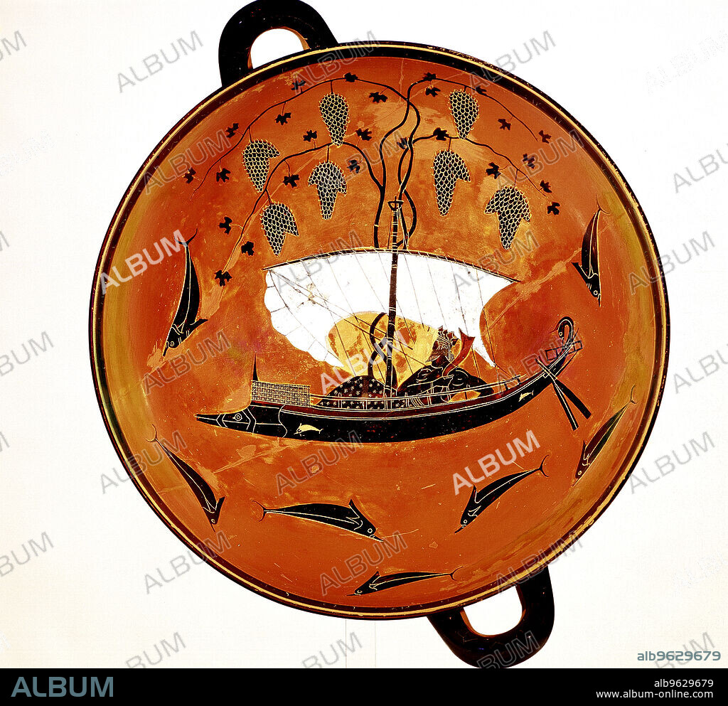 Dionysius in a sailing boat surrounded by dolphins, Ancient Greek dish (Krater), 530 BC. The boat is carrying a cargo of grapevines. Dionysius was the Ancient Greek god of wine.