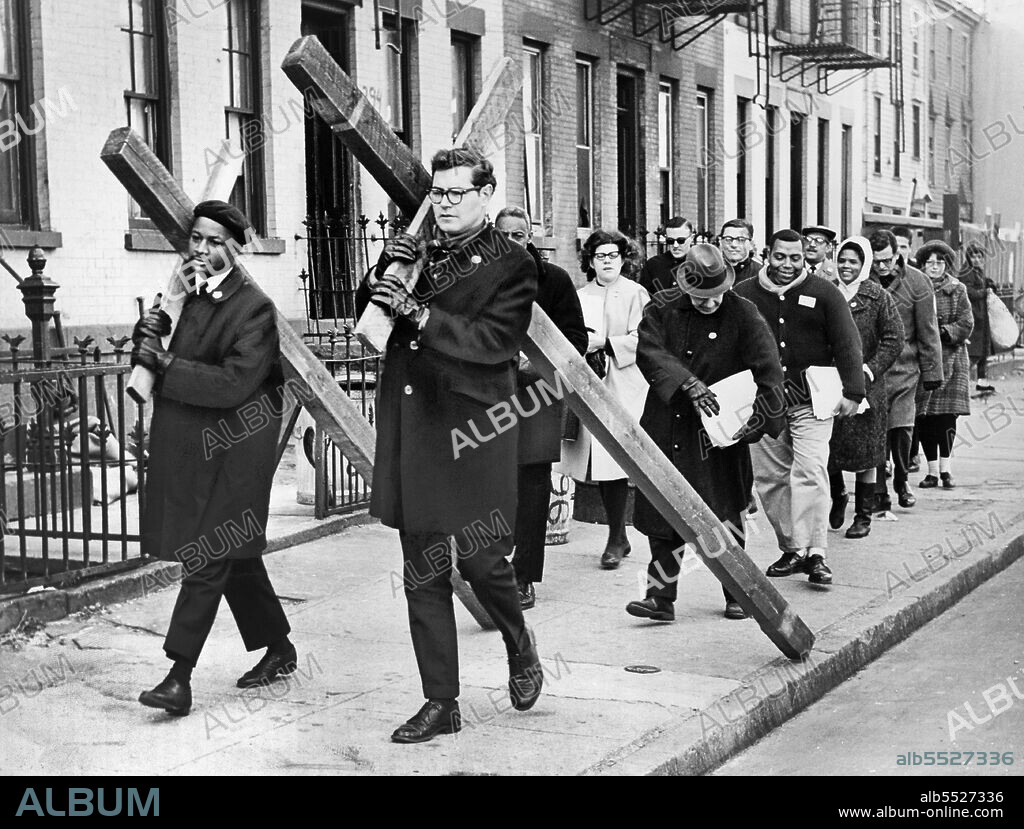 Ken Rice, left, and Stan Brezenoff, lead members of Brooklyn's Congress of Racial Equality (CORE), dragging crosses during March from Brooklyn to City Hall, New York City, New York, USA, Walter Albertin, New York World-Telegram and the Sun Newspaper Photograph Collection, 1964.
