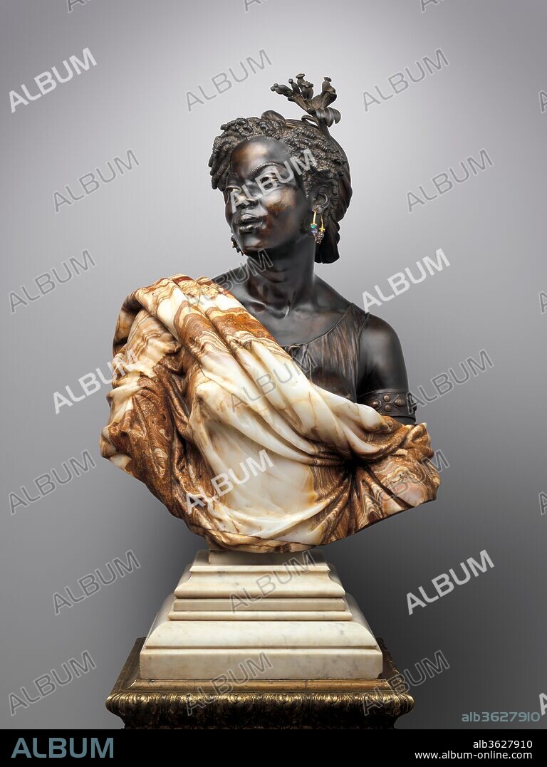 La Capresse des Colonies. Artist: Charles-Henri-Joseph Cordier (French, 1827-1905). Culture: French, Paris. Dimensions: Overall on socle (confirmed): H. 37 3/4 x W. 23 1/4 x D. 12 1/4 in., 208.4lb. (95.9 x 59.1 x 31.1 cm, 94.5296kg) [Weight breakdown: head 35.4 lbs, marble bust 173 lbs, marble socle 98.7 lbs]; Pedestal (confirmed): H. 41 3/8 x W. 18 1/4 x D. 18 1/4 x 11 3/4 in. (105.1 x 46.4 x 46.4 x 29.8 cm). Maker: Pedestal attributed to designs by Charles-François Rossigneux (French, 1818-afer 1909). Date: 1861.
In his unpublished memoirs Charles Cordier cites the law of April 27, 1848 that abolished slavery in France and its colonies, writing: "My art incorporated the reality of a whole new subject, the revolt against slavery and the birth of anthropology."  In pioneering ethnography as a subject for sculpture in the nineteenth century, Cordier aimed to illustrate what he described as "the idea of the universality of beauty."  His busts often paired couples of the opposite sex but of the same race.  This rare instance of matched busts of women was desired by the purchaser, a gaming club in Marseilles, that also commissioned the sumptuous Second-Empire pedestals from Cordier.  
The busts revel in the period taste for polychromy in sculpture, an international phenomenon sparked by artistic debates about the painting of ancient statuary and inspired by ancient Roman and Renaissance sculpture composed of variously colored marbles.  On a trip to Algeria in 1856 Cordier discovered onyx deposits in recently reopened ancient quarries and began to use the stone in busts such as these.  He ingeniously fitted enameled bronze heads into the vibrantly patterned stone, creating exciting though costly representations of Africans that appealed to the highest levels of European society.
