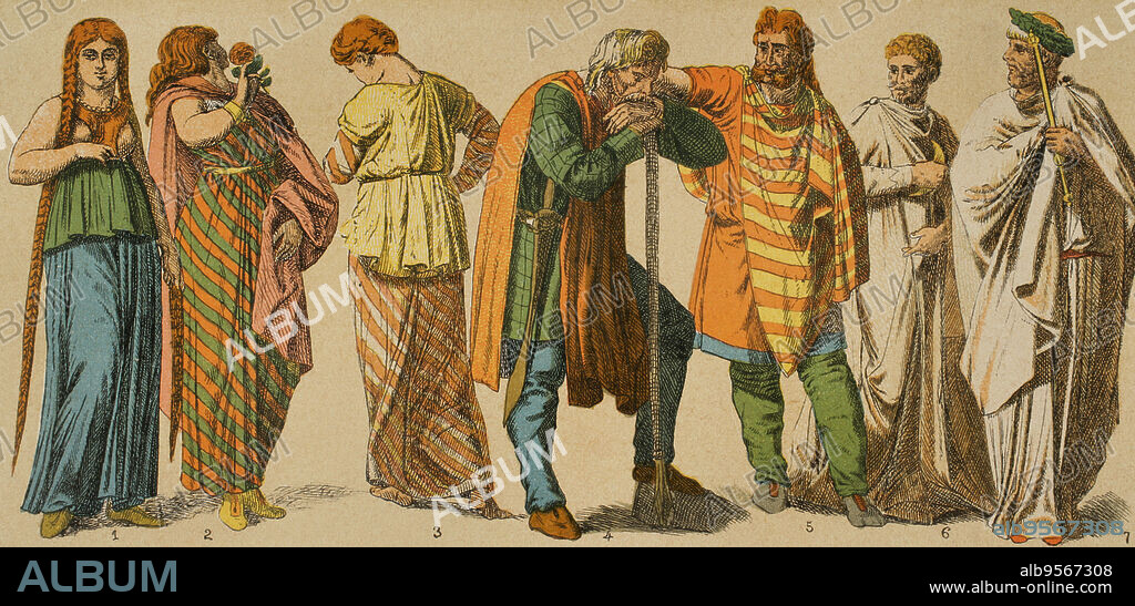 Galos. De izquierda a derecha: 1 a 3- vestidos galos de mujer, 4- traje de guerrero, con espada sujeta con cadena, 5- traje masculino de persona principal, 6- vestimenta de sacerdote galo, con cuchillo sacro, 7- pontífice. Cetro. Cromolitografía. Historia Universal, por César Cantú. Tomo II, 1881.