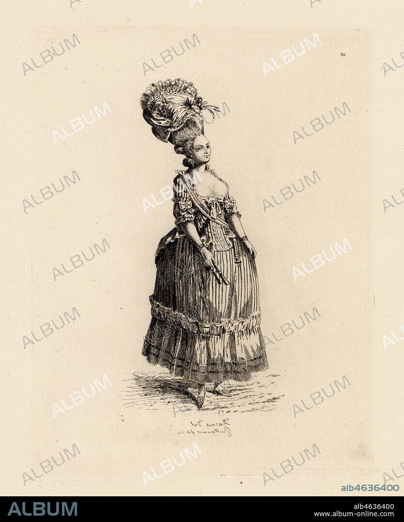 Woman in pouf hairstyle with tall hat, striped dress with low-cut decolletage bodice a la Peruvienne, era of Marie Antoinette. Copperplate etching by Auguste Etienne Guillaumot from Costumes et coiffures du XVIIIe siecle, Costumes and hairstyles of the 18th century, Cagnon, Paris, 1875. Original illustration by Claude Louis Desrais from the Gallerie des Modes et Costumes Francais, 1778-1787.