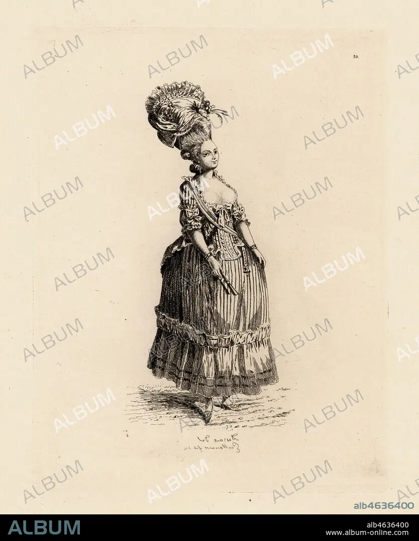 Woman with her hair combed up over a pouf (support) and decorated with  flowers, pearls and a sash, called the Flea. La Pouf a la Puce.  Handcoloured lithograph by de Laubadere from