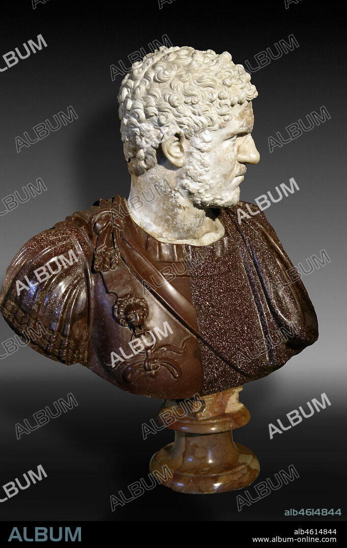 Rome, Capitolines Museums: bust of the roman emperor Caracalla. (212 - 217 AD), "Lunense" marble and porphyry.. Caracalla is remembered as one of the most notorious and unpleasant of emperors because of the massacres and persecutions he authorized and instigated throughout the Empire.. Caracalla's reign was also notable for the Constitutio Antoniniana (also called the Edict of Caracalla or the Antonine Constitution), granting Roman citizenship to all freemen throughout the Roman Empire, which according to historian Cassius Dio, was done for the purposes of raising tax revenue. He is also one of the emperors who commissioned a large public bath-house (thermae) in Rome. The remains of the Baths of Caracalla are still one of the major tourist attractions of the Italian capital.