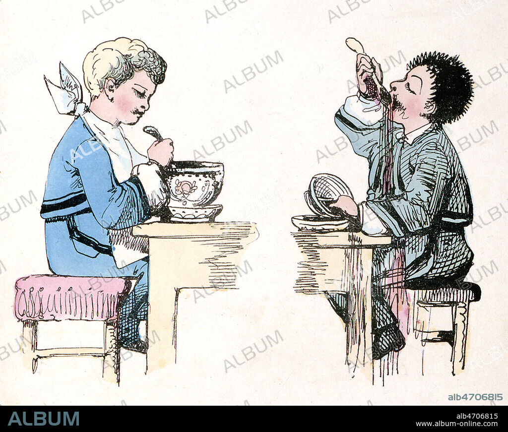 Le dejeuner des deux freres. Images doubles, comparant le gentil petit garcon blond, Toto, et le vilain garnement brun hirsute, Tom. Le bon Toto et le mechant Tom de Timothee TRIMM (1815-1875). Illustration de JUNOT vers 1860 . Credit: Collection KHARBINE-TAPABOR.