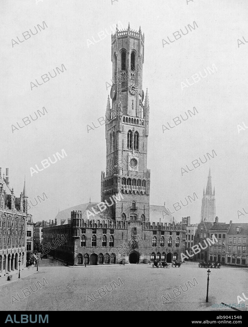 The Halles , or Cloth Hall of Bruges, stands in the Grand Place or principal square of the town. It is a large Gothic building.