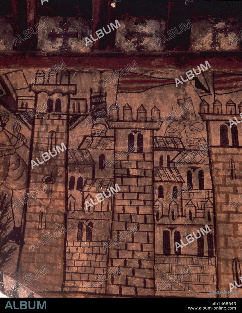 HISTORIA MEDIEVAL. MURALLAS DE LA CIUDAD DE VALENCIA en donde el 28 de septiembre de 1238 ondeó por primera vez la bandera real de Jaime I "El Conquistador". Pintura gótica mural del s. XIV en el CASTILLO DE ALCAÑIZ. Provincia de Teruel. Aragón. España.