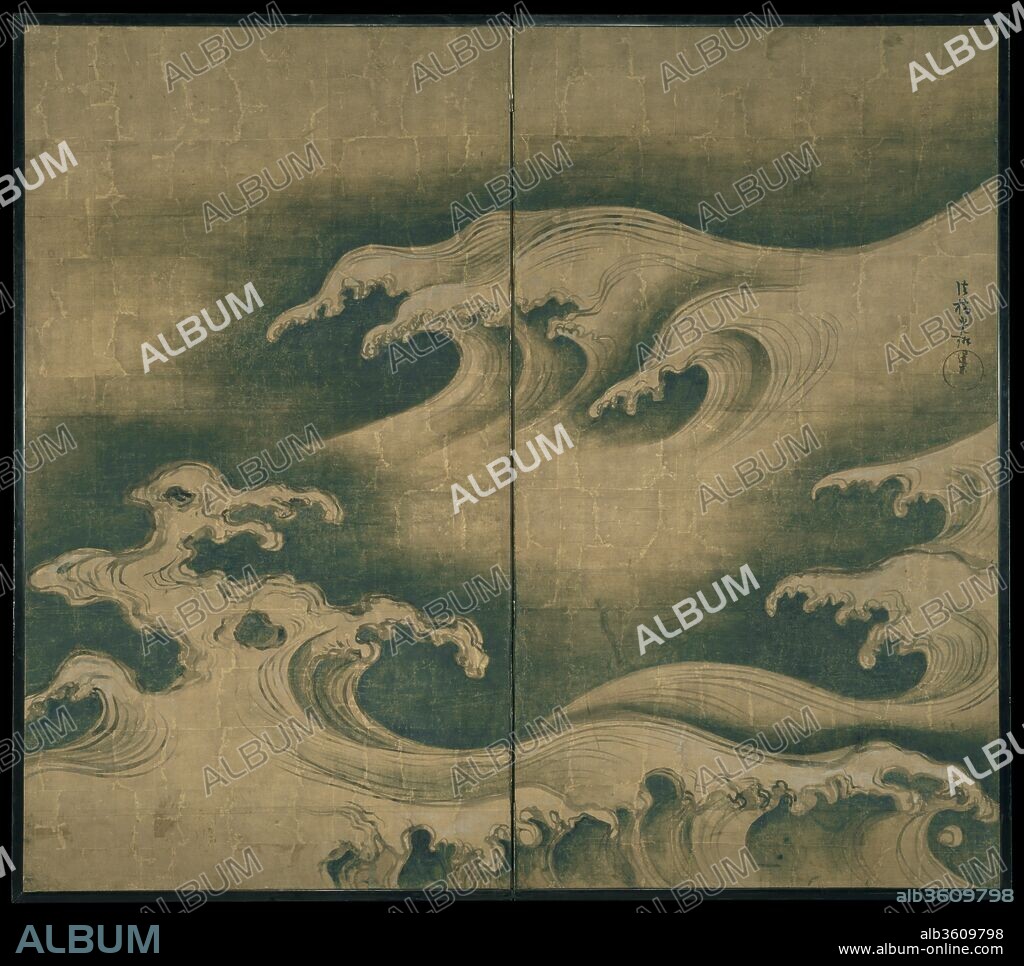 Rough Waves. Artist: Ogata Korin (Japanese, 1658-1716). Culture: Japan. Dimensions: Image: 57 11/16 x 65 1/8 in. (146.5 x 165.4 cm)
Overall: 59 1/4 x 66 1/2 in. (150.5 x 168.9 cm). Date: ca. 1704-9.
Many artists and poets of the East and West alike have striven to capture the transitory and fleeting image of swelling waves. Korin's rendition--one of Japan's most striking representations of this amorphous, ungraspable form--has a strangely menacing feel, due no doubt to the long, tentacle-like fingers of foam, punctured here and there by openings. Outlined in ink using the ancient Chinese technique of drawing with two brushes held together in one hand, the clawlike waves are peculiarly reminiscent of dragons' talons. The immediate inspiration for the screen may have been images by Sesson Shukei (ca. 1504-ca. 1589), whose extant works include a number of dynamic and mysterious renderings of waves.
The screen bears a seal reading "Dosu," the name Korin adopted in 1704. Recent research suggests that the screen was executed between 1704 and 1709, when Korin was residing in Edo (now Tokyo).