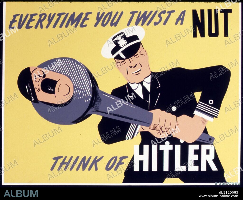 US Office for Emergency Management, War Production Board propaganda poster 'Every time you twist a nut think of Hitler' World War two 1942.