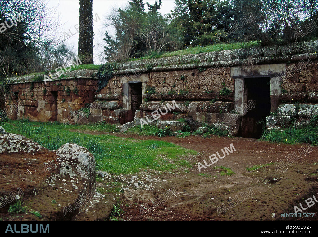 Etruscan necropolis near Cerveteri, 7th-1st BCE. Some of the circular tombs are hewn directly into the local tuff. The largest are up to 30 m across and contain several rooms.