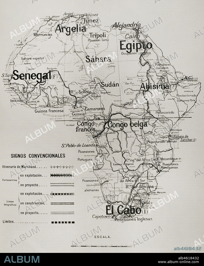 Imperialismo europeo. Croquis del continente africano con indicaciones de los límites convenidos en la época entre diversas potencias europeas, y los ferrocarriles y telégrafos en explotación, en construcción y en proyecto. La Ilustración Española y Americana, 1898.