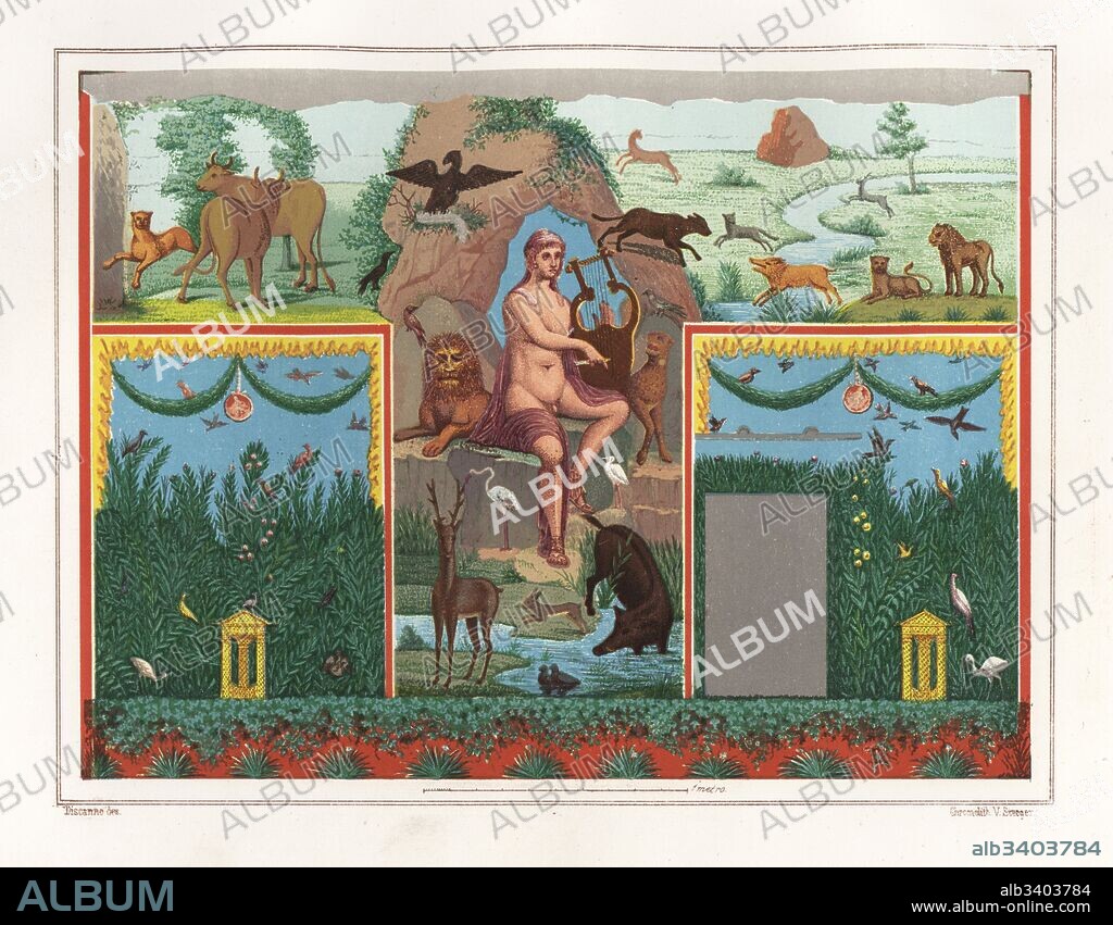 Wall painting of Orpheus with lyre from the viridarium (garden) of the House of Vesonius Primus, a fuller. He is surrounded by animals including a lion, cougar, boar, stag, rabbit, and blue flamingo. Chromolithograph by Victor Steeger after an illustration by Geremia Discanno from Emile Presuhn’s Les Plus Belles Peintures de Pompei (The Most Beautiful Paintings of Pompeii), Leipzig, 1881.