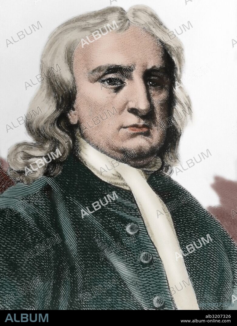 NEWTON, Sir Isaac (Woolsthorpe, 1642-Londres, 1727). Físico, matemático y astrónomo inglés. Hacia 1665 descubrió las leyes de la gravitación universal. Grabado coloreado.