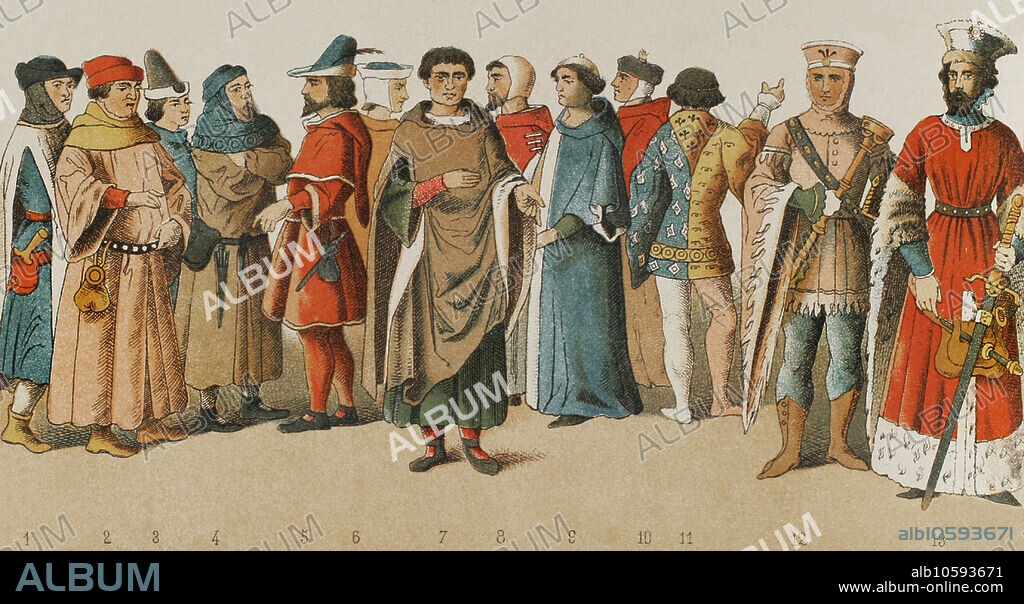 Historia de Francia. 1300. De izquierda a derecha, 1 a 7: ciudadanos, 8-9-10: ciudadanos y noble, 11: caballero, 12: sargento de armas, 13: archiduque de Borgoña. Cromolitografía. "Historia Universal", por César Cantú. Tomo VI, 1885.