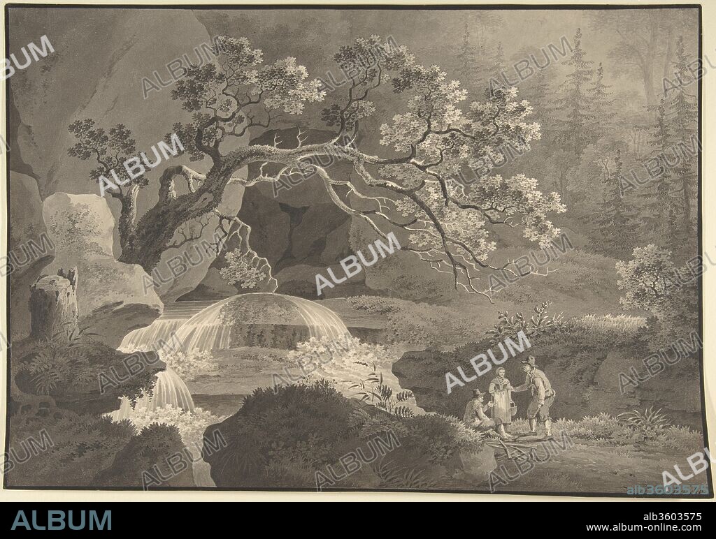 Landscape with Waterfall. Artist: Friedrich Wilhelm Gmelin (German, Badenweiler (Breisgau) 1745-1821 Rome). Dimensions: sheet: 11 5/8 x 16 3/4 in. (29.5 x 42.5 cm). Date: 18th-early 19th century.