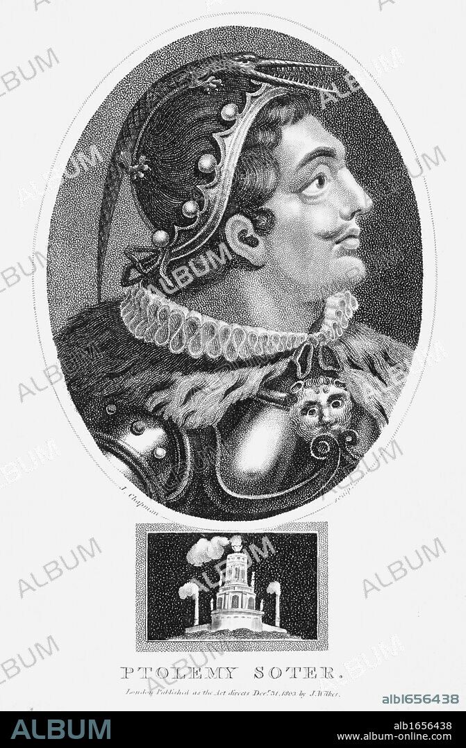 Ptolemy I, Soter (d283 BC). One of greatest generals of Alexander the Great, on whose death he became king of Egypt, founding the Ptolemaic dynasty which ended with Cleopatra VII. Stipple engraving 1803.