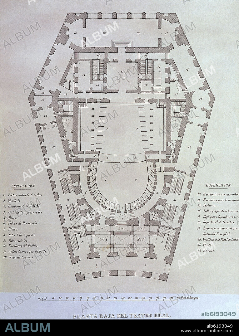 DOROTEO BACHILLER (?-1866) LITOGRAFO DIBUJANTE. PLANO PLANTA BAJA DEL TEATRO REAL DE MADRID 1817-1841.