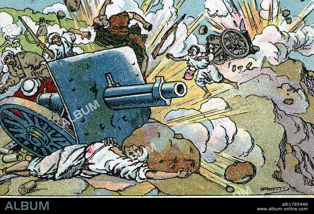 Guerra de Marruecos (1911-1927). Bombardeo del campamento moro de Titerdadin. Dibujo de A. Mestres.