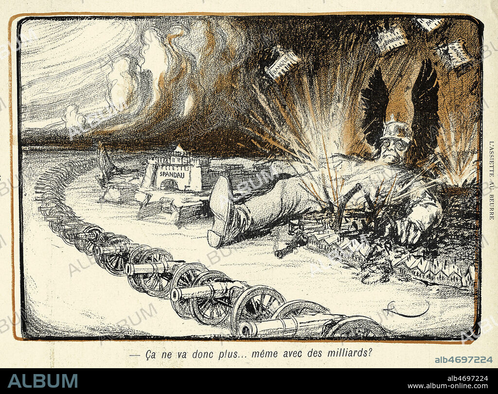 FRANTISEK KUPKA. 'Ca ne va donc plus... meme avec des milliards ?'. En Allemagne, les banques explosent.(Avril 1900- 1902 : crise economique en Allemagne due a la surproduction industrielle et a la speculation) B. Von Blulow, le chancelier imperial de l'empire allemand, est a terre. Illustration par Francois KUPKA (1871-1957 = ADAGP) pour L'Assiette au Beurre du 11 janvier 1902, numero intitule 'L'argent'. Credit : Collection KHARBINE-TAPABOR.