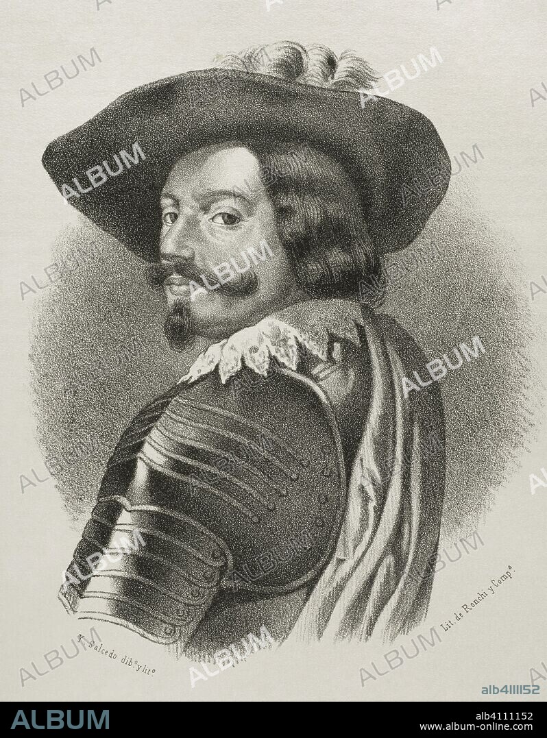Gaspar de Guzmán y Pimentel Ribera y Velasco de Tovar, conocido por el Conde Duque de Olivares (1587-1645). Noble y político español, tercer Conde de Olivares y valido del rey Felipe IV de España. Dibujo por Salcedo. Litografía. Retrato. Crónica General de España, Historia Ilustrada y Descriptiva de sus Provincias. Castilla-La Nueva, 1869. Biblioteca Histórico Militar de Barcelona, Cataluña, España.