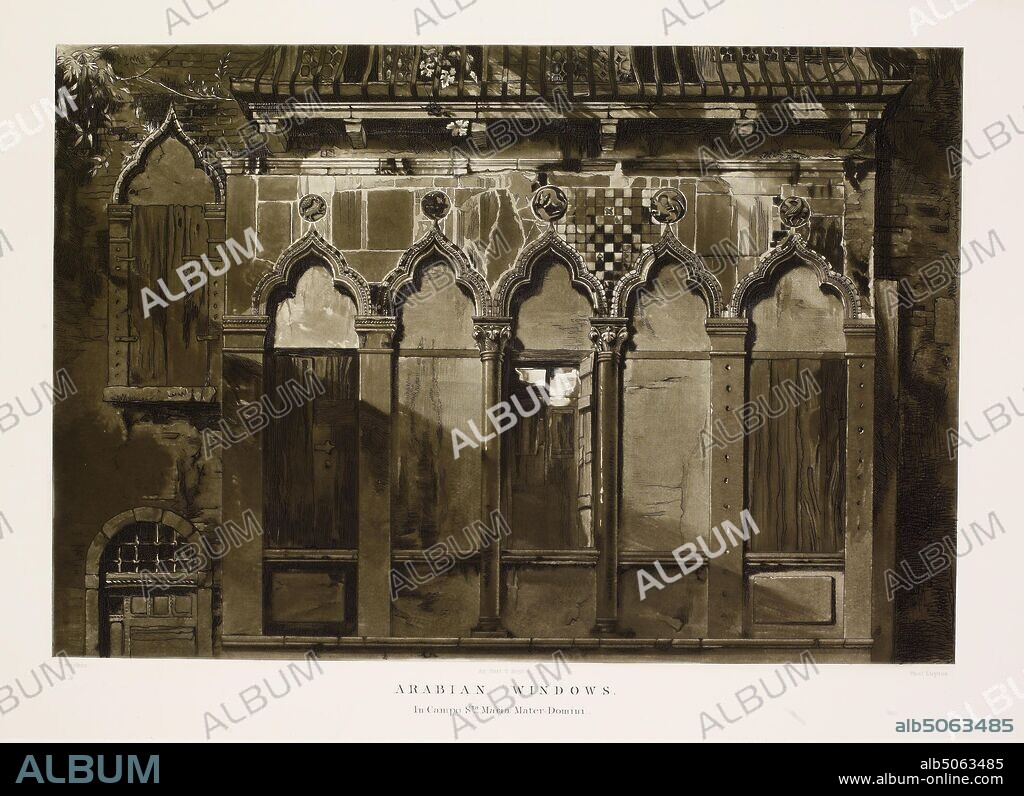 Examples of Architecture of Venice, Arabian Windows in Campo Sta. Maria Mater-Domini, 1887 Engraver: Thomas Lupton Etcher: Thomas Shotter Boys Artist: John Ruskin, Window, Architecture, Pre-Raphaelite, Printing, Mezzotint, Printing, Engraving, Italy, Venice.
