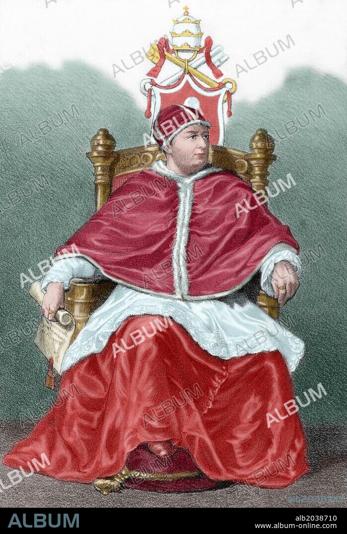 Antipope Benedict XIII, born Pedro Marti_nez de Luna y Perez de Gotor (1328-1423), known as the Papa Luna in Spanish. Aragonese nobleman officially considered by the Catholic Church to be an antipope. Colored engraving.