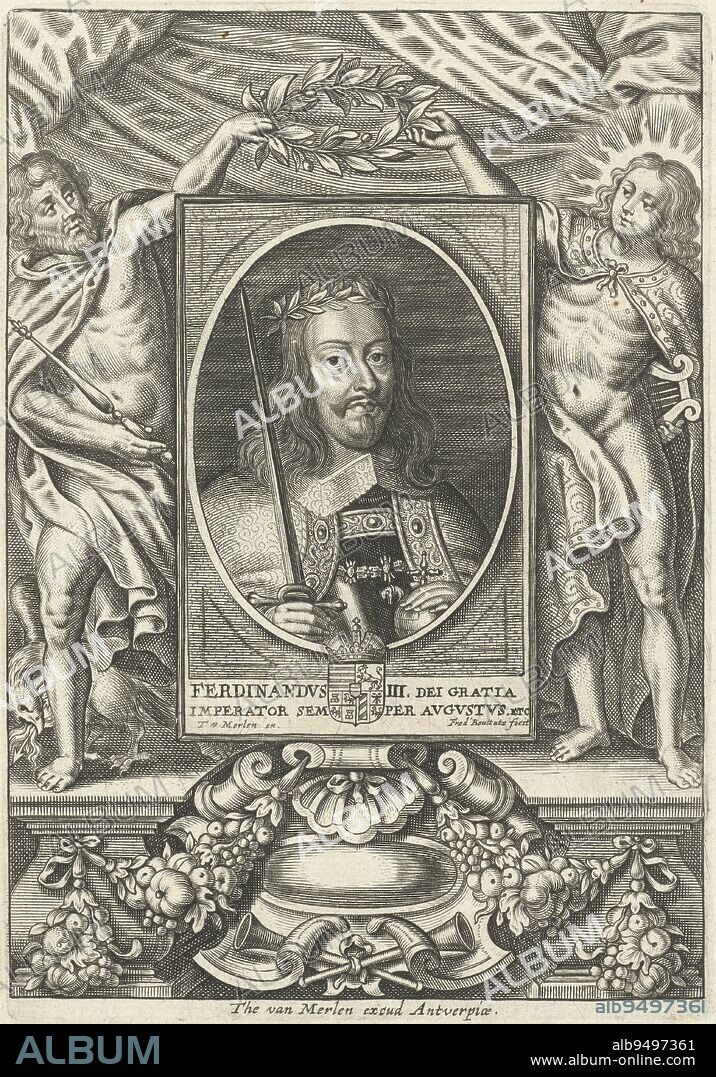 Portrait in an oval frame of Ferdinand III, Archduke of Austria and Emperor of the Holy Roman Empire Bust to right Ferdinand wears the laurel wreath on his head In his hands the Reich's apple and the Reich's sword The portrait is in a rectangular frame between two classical gods, Jupiter and Apollo They hold a laurel wreath above the portrait The print has a Latin caption with the name of the person portrayed, Portrait of Ferdinand III Portraits of Statesmen , print maker: Frederik Bouttats (I), (mentioned on object), publisher: Theodor van Merlen (II), (mentioned on object), Antwerp, 1637 - 1676, paper, engraving, h 165 mm × w 116 mm × h 88 mm × w 55 mm.