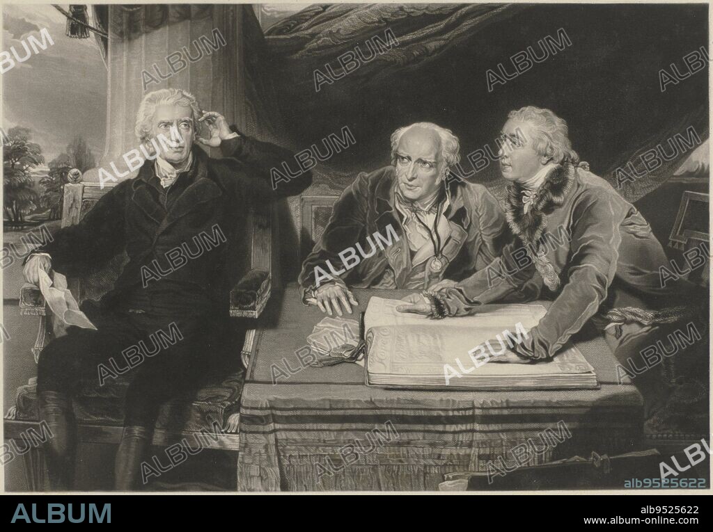 Portrait of Sir Francis Baring, with his Brother and his Son-in-Law Portrait of Francis Baring, his brother John Baring and Charles Wall The Baring Family , print maker: Edward McInnes, (mentioned on object), after: Thomas Lawrence, (mentioned on object), publisher: Henry Graves & Co., London, 1841, paper, etching, h 301 mm × w 435 mm.