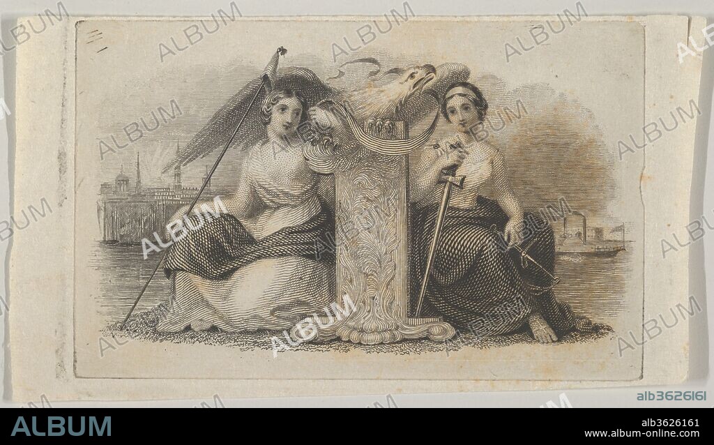 Banknote vignette with female figures representing Liberty and Justice. Artist: Attributed to Asher Brown Durand (American, Jefferson, New Jersey 1796-1886 Maplewood, New Jersey). Dimensions: plate: 1 15/16 x 3 1/16 in. (5 x 7.8 cm)
sheet: 2 1/16 x 3 11/16 in. (5.3 x 9.3 cm). Printer: Printed by A. B. & C. Durand & Company (American, active 1824-27); Printed by Durand, Perkins, and Company (New York). Date: ca. 1824-37.
