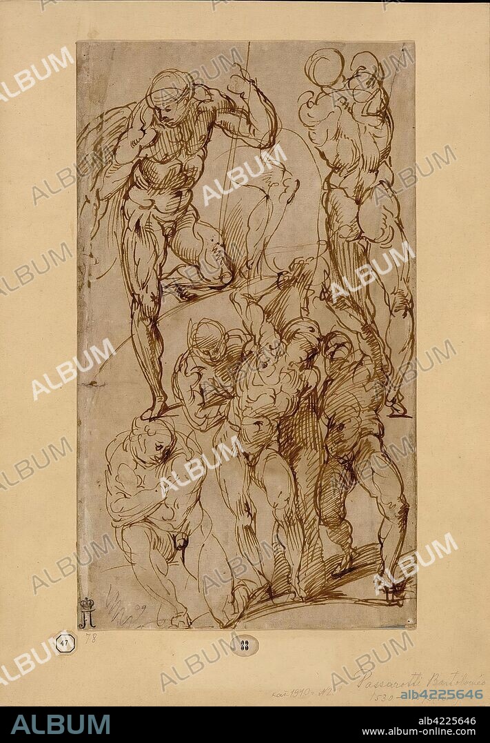 BARTOLOMMEO PASSAROTTI and BACCIO BANDINELLI. 'Sketch with Half-naked Male Figures'. Italy, 16th century. Dimensions: 36x20 cm.