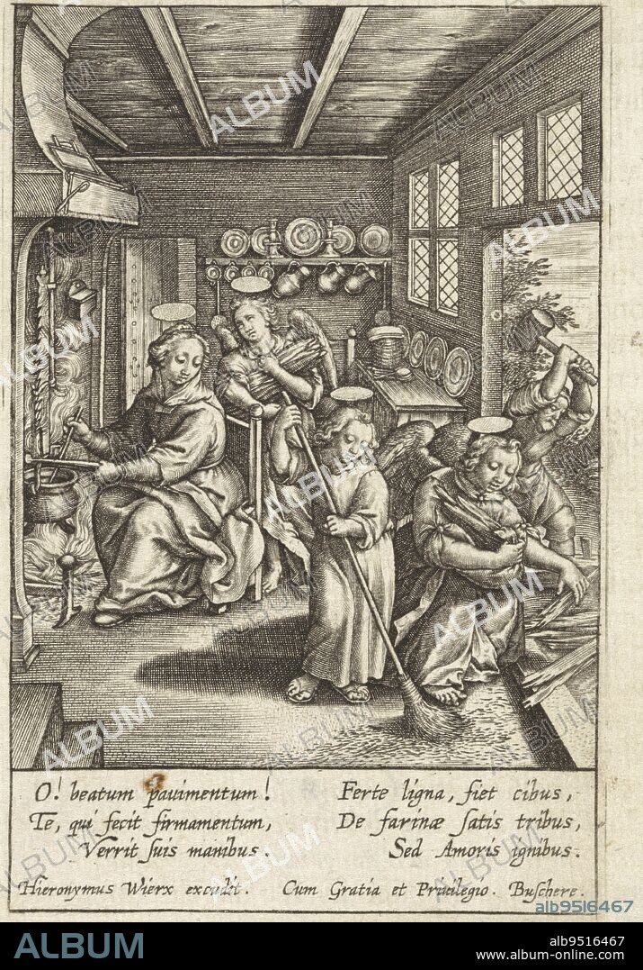 The Christ child sweeps the floor in the house. Joseph is carpentering the wall. Two angels are helping. Mary is cooking. In the margin a six-line caption, in two columns, in Latin. Christ child sweeps floor Youth of Christ Iesv Christi dei Domini, salvatoris nri infantia , print maker: Hieronymus Wierix, Hieronymus Wierix, publisher: Hieronymus Wierix, (mentioned on object), Antwerp, 1563 - before 1619, paper, engraving, h 101 mm × w 67 mm.