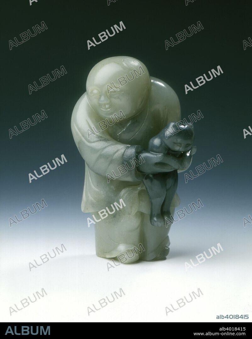 Jade chubby boy holding a black cat, early Ming dynasty or earlier, China, c1300-1550. An off-white jade group of a standing chubby boy holding a greyish-black cat in his arms, its body and feet dangling down. During the Song period, small animals and naturalistic scenes became very popular.  What is apparent is the ability to capture momentary gestures or moods, such as the one here.