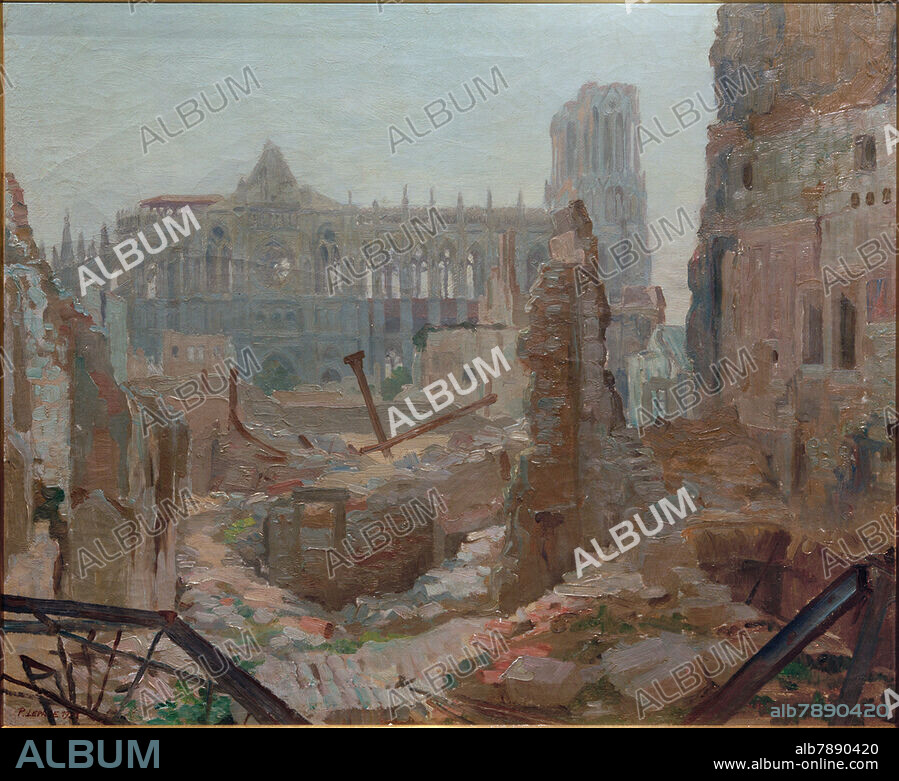 Reims (France, Dep. Marne), Cathedral. - "The cathedral amidst ruins, seen from the north". - Painting, 1921, by Paul-Hubert Lepage (1878-1964). Oil on canvas, 49.6 × 61 cm. Reims, Musée des Beaux-Arts.
