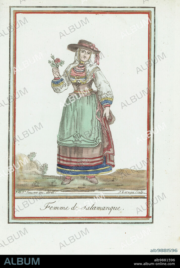 Woman of Salamanca, Kingdom of Leon, Spain. In wide brim hat with ribbons, chaperon or kerchief tied to an embroidered corset, blouse with embroidered sleeves, apron and long skirts. She holds a single rose. Femme de Salamanque., Royaume de Leon. Handcoloured copperplate engraving by J. Laroque after a design by Jacques Grasset de Saint-Sauveur from his Encyclopedie des voyages, Encyclopedia of Voyages, Bordeaux, France, 1792.